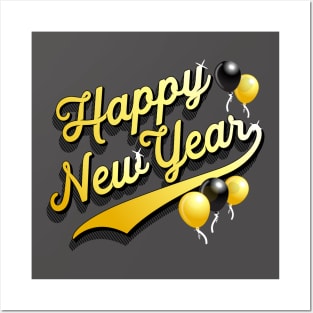 Happy New Year with Black and Gold Balloons Party Favors Posters and Art